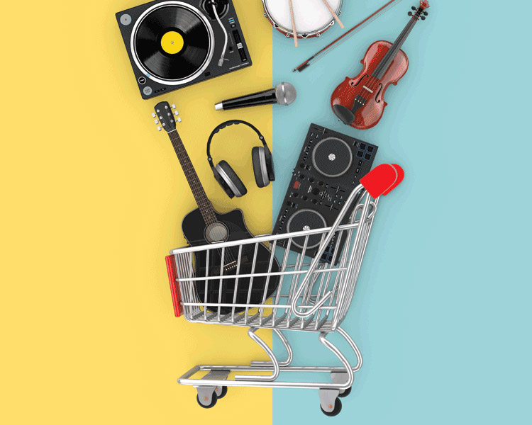 musical instruments and audio equipment in a shopping cart